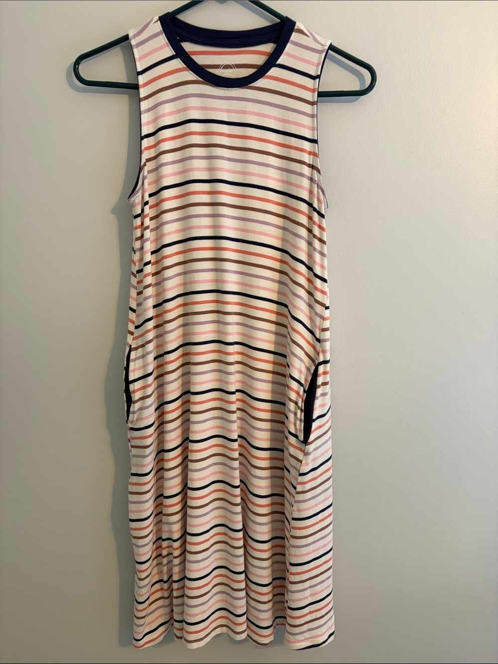 wonder nation Cream Striped Sleeveless Casual Dress with Navy Trim